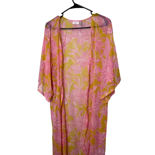 P2F Kimono Duster Pink Yellow Floral Open Front One Size Bohemian Cover Up