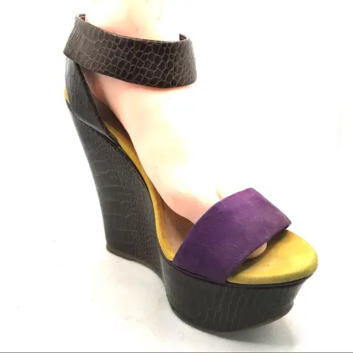 Schutz "CASEY" PURPLE AND YELLOW SUEDE PLATFORM ANKLE STRAP WEDGE HEELS (7)