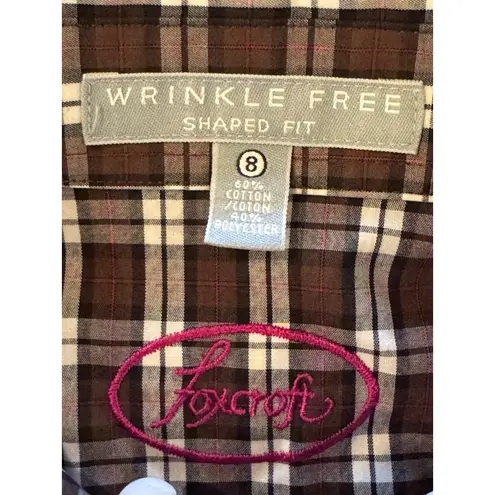 Foxcroft Shirt Women 8 Brown White Plaid Pintuck Pleat Collared Button Down Top