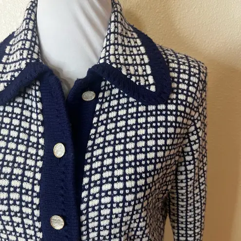 Sweater Bee Vintage Womens Navy White Checkered Knit Cardigan Jacket Size SMALL Blue