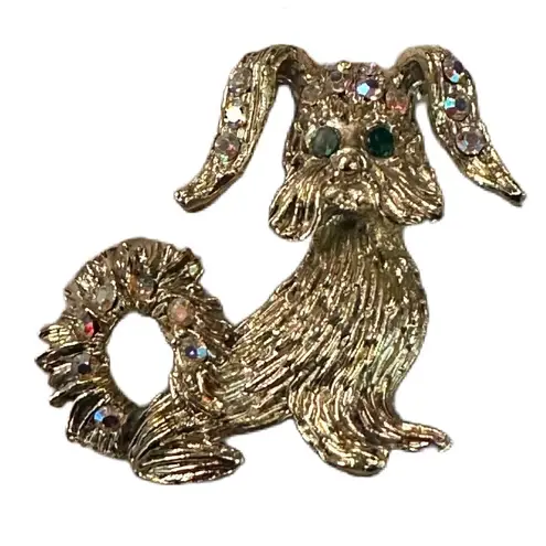 Vintage Multicolored Rhinestones Gold Tone Puppy Dog Lapel Pin Brooch