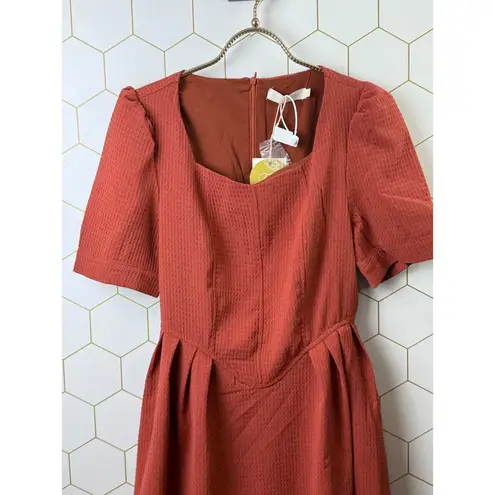 Fanpn Rust Orange Imported Midi Dress with Puff Sleeves
