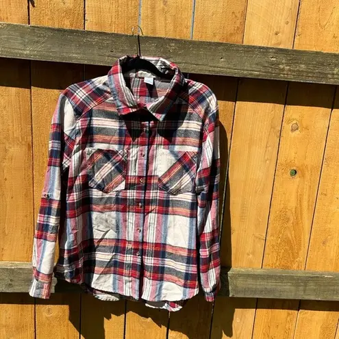 Long sleeve lightweight flannel plaid shirt sz medium red vintage button woman