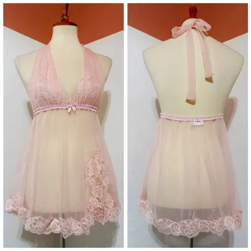 Frederick's of Hollywood , vintage Pink halter Lace Babydoll nightie dress small