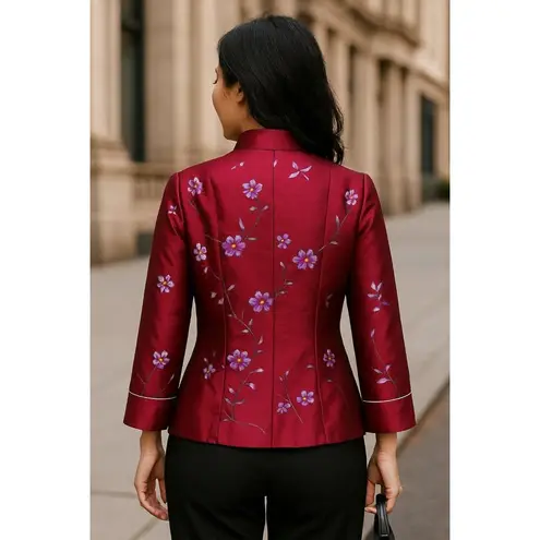 Zi Qing Ge Embroidered Floral Chinese Style Jacket Wine Purple Frog Closures LG