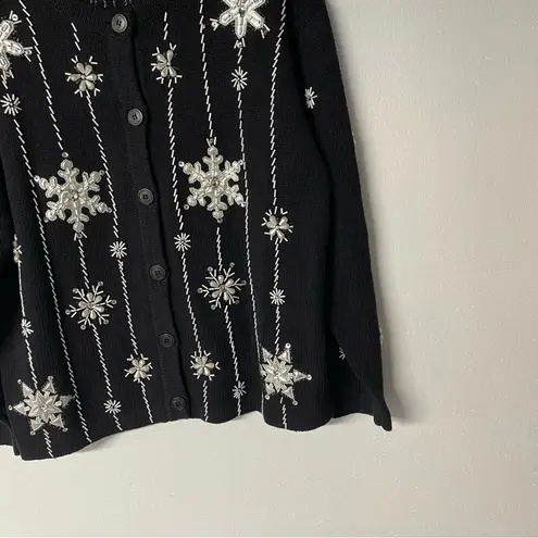 Vintage Bobbie Brooks Sweater XL Black Snowflake Embroidered Beaded Ramie Blend