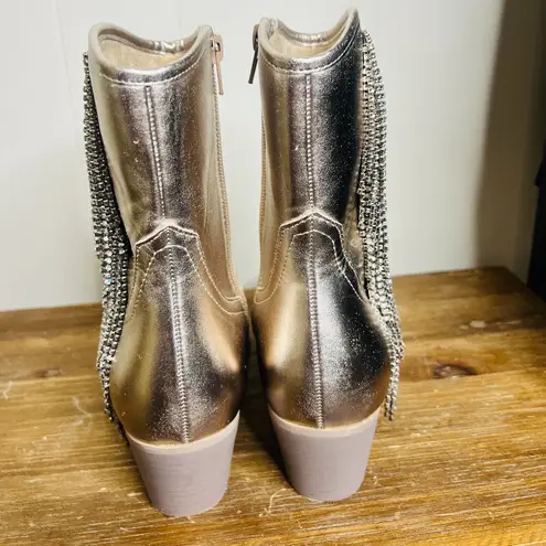 ROWAN Metallic Champagne Rhinestone Fringe Western Booties Rodeo Concert 7.5 Gold