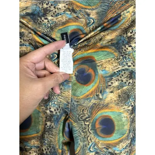 Onzie Long Leggings Yoga Pants Womens Size MT Peacock Feathers Green Low Rise