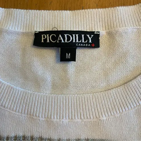 EUC Picadilly Canada White Silver Stripe Star Crew Neck Sweater Size M Multiple Size M