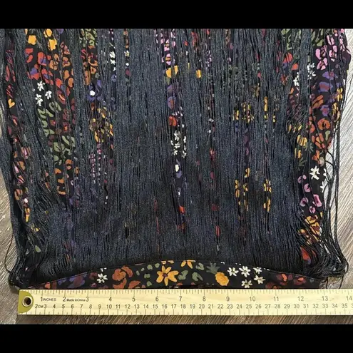 Farm Rio Hippie Boho Y2K Multicolor Floral Midi Skirt W/ Black Fringe