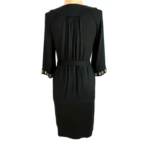 Milly Beaded Black Santana Knit Dress S Tie Belt Elegant Day To Night LBD Luxury