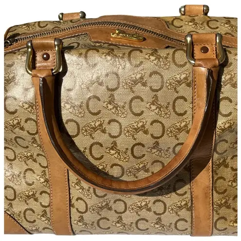 CELINE Vintage Macadam Canvas Boston Bag Brown Leather Trim Made In Italy