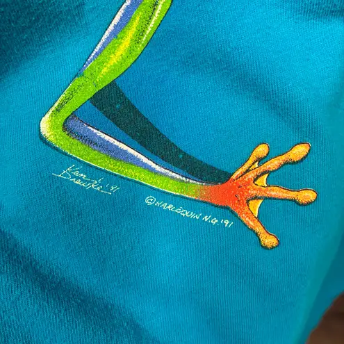 Vintage 1991 Teal Blue Wraparound Graphic Nature Frog Art tee Large L Single