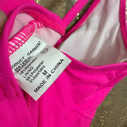 Bright Hot Neon Pink V Neck Cutout One Piece Swimsuit Medium NWOT