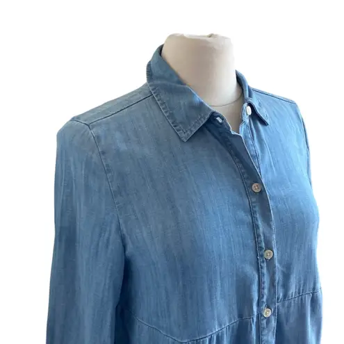 STYLE & CO Chambray Shirt Womens Sz Small Tiered Button Down Boho Blue