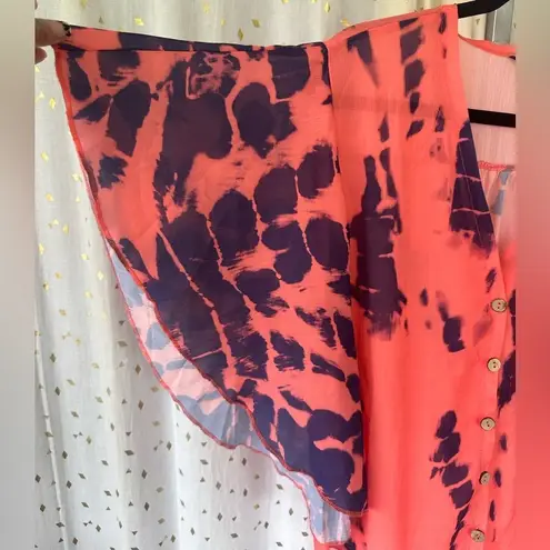 Chic Me Sheer Orange Tie Dye Waterfall Sleeve Bohemian V Neck Button Down Blouse