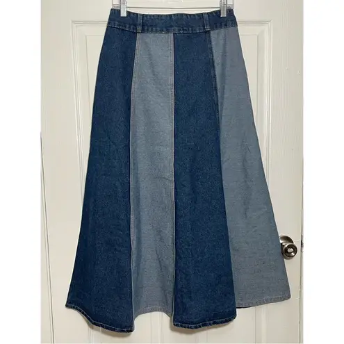 Polagram NWOT Maxi Denim Patchwork Two Tone Flare A-Line Skirt | size Medium