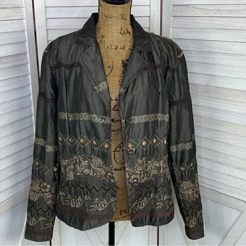 ELCC Vintage Embroidered Taffeta Blazer Jacket Gray Large Button Front