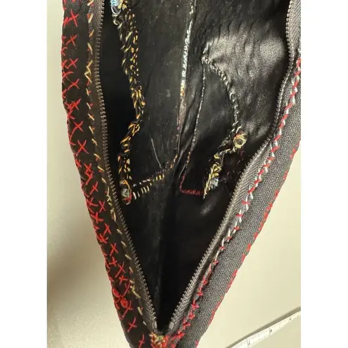 Handmade Embroidered Rainbow House Clutch Purse Black Multi Color Zipper Pouch