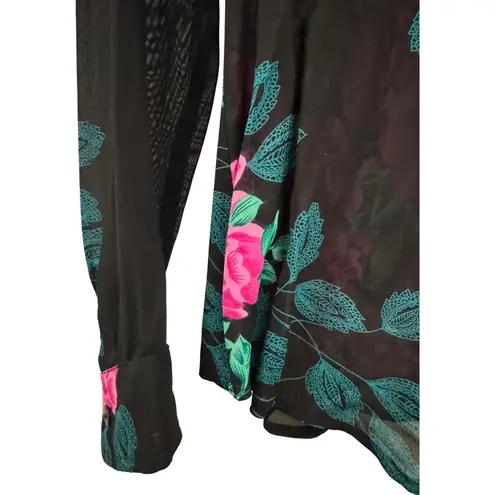 Karen Kane Floral Button Up Shirt Black/Pink Leafy Print L