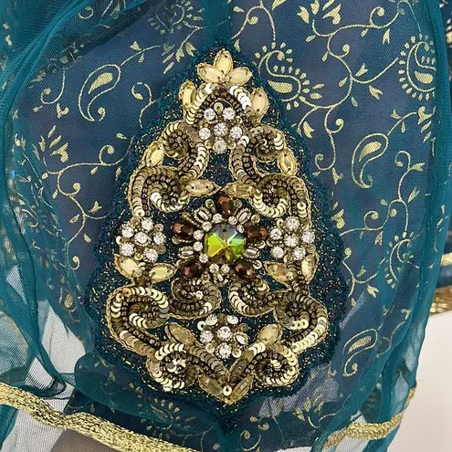 Pakistani Blue and Gold Beaded Sequin Long Sheer Sleeve Dress Size XS