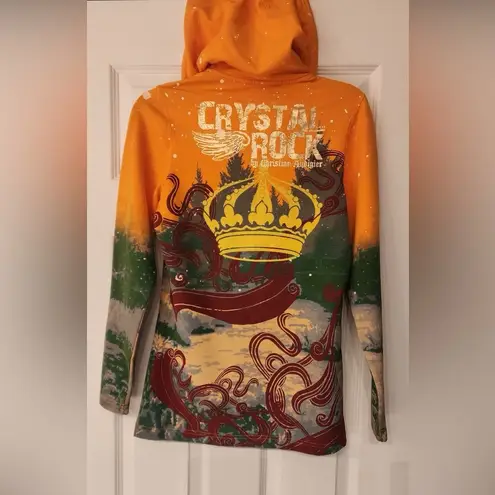 Christian Audigier Crystal Rock Women’s Orange Rhinestone Hoodie Size Small