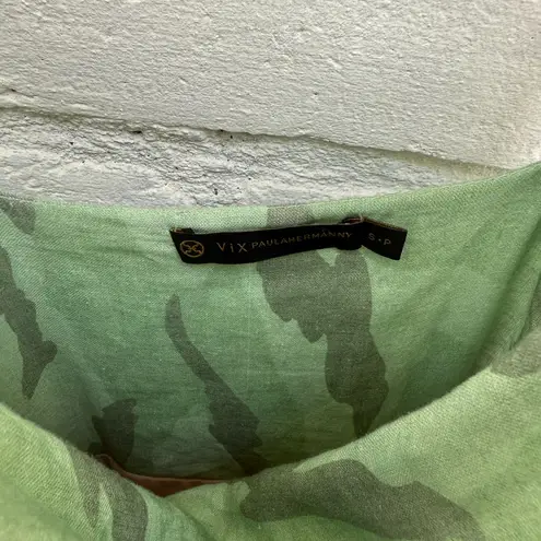 Vix Surya Details Cowl Neck Camo Long Asymmetrical Dress with Gold Hardware Green