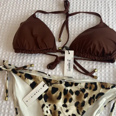 Vitamin A ELLE Side Tie String Bikini Bottoms Size 14DD Leopard Cream Black Tan