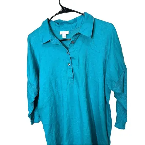J. Jill Love Linen Teal Blue Popover 3/4 Sleeves 100% Linen Tunic Size M Size M