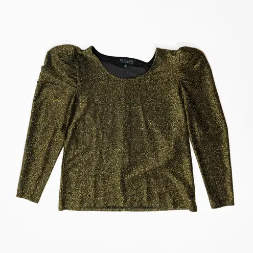 Eloquii Gold Metallic Sparkle Puff Long Sleeve Stretch Scoop Neck Blouse Shirt