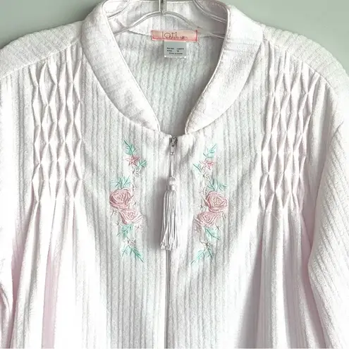 Loti Fashion Smocked Robe Full Zip Light Pink Terrycloth Housecoat Embroidered Size M