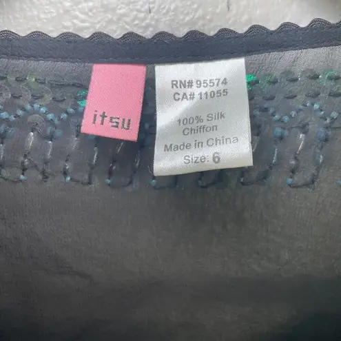 Itsu Womens 100 % Silk Size 6 Long Sleeve Blouse Beaded Sequin Black Blue