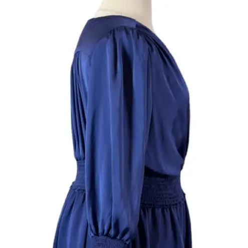 Ophelia Roe Dress V-neck Smocked Waist Ling Sleeves Blue New Satin Women’s XL