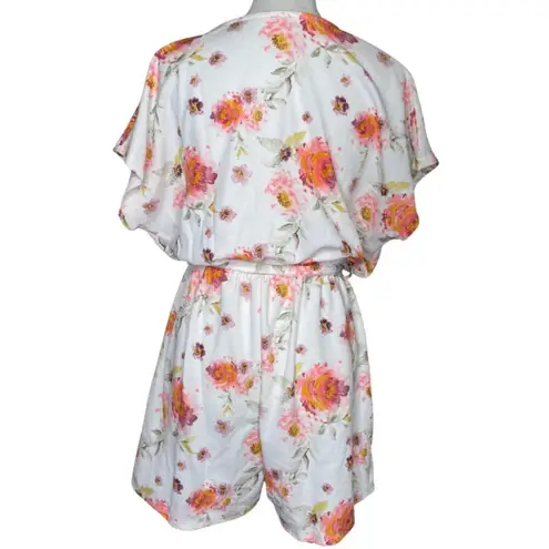 Cosmic Beauty Floral V-Neck Belted Elastic Waist Butterfly Sleeve Romper L-XL