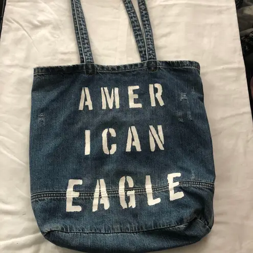 American Eagle 2000s Y2k  Outfitters navy blue denim jean ripped distressed tote bag purse with inner compartment  Excellent condition