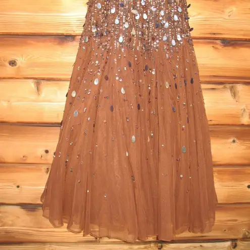 Mac Duggal 24018 Womens Brown Flutter Sleeve Sheer Top Beaded Dress