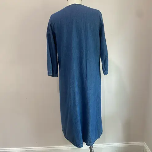 Blair 1990s Denim Blue Jean Midi Vintage Cotton Dress w/ Floral Embroidery Sz M