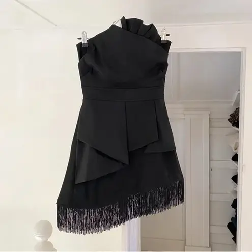 Alyn Paige Vintage Y2K Asymmetric Fringe Hem Strapless Mini Dress Size 5/6 Black