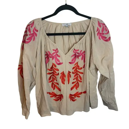 Fate Bohemian Embroidered Split Neck Blouse Tan Size M