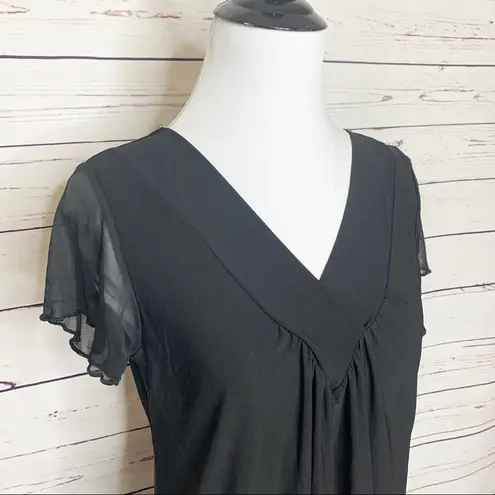 Ava James  Solid Black V Neck Sheer Sleeve Blouse Top Size Medium