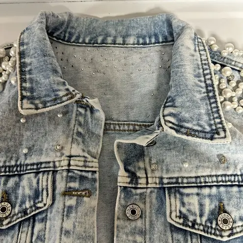 Pearls Beaded Denim Jacket Blue