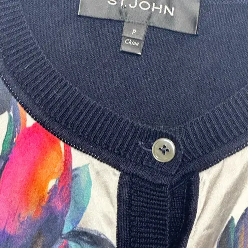 St. John Navy Silk/Cashmere Blend Cardigan Floral Silk Front Size P 0/2