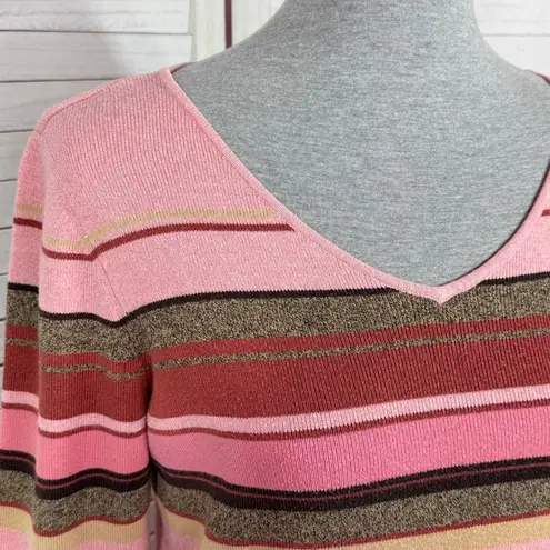 Emma James Petite Striped Multicolor V Neck Sweater Pink Brown Large