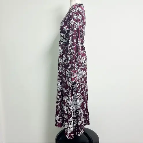 Bardot Jolie Floral V Neck Cuff Sleeve Sheer Lattice Ruffle Midi Dress Small 6