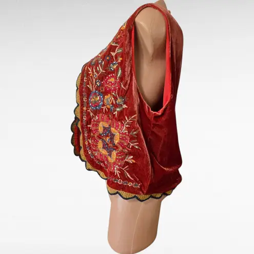 Brach Brach Velvet Embroidered Vest Boho Hippie Sleeveless Orange Red Large