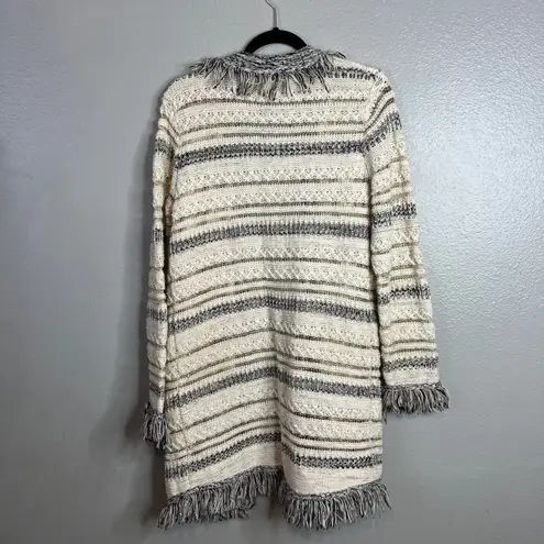 BKE Boutique Sweater Cardigan Size L Boho Fringe Pockets Striped Gray Size L