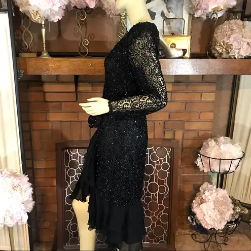 Oleg Cassini VINTAGE BLACK SEQUIN SILK RUFFLED COCKTAIL DRESS (6)