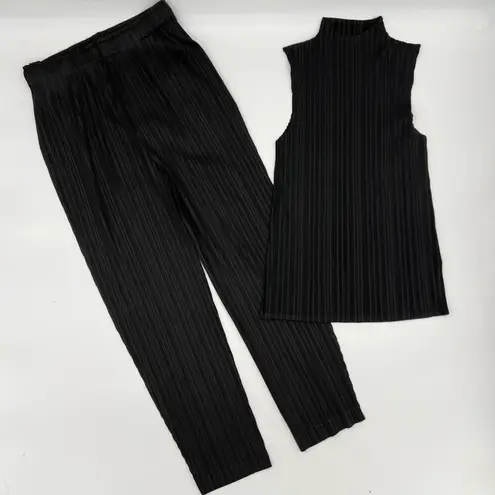 Office two pieces set turtleneck top loose pants casual pleated wide leg pants Matching Set Black