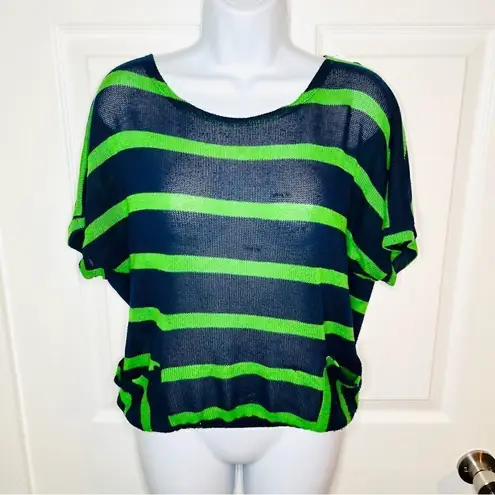 Chris & Carol Open Knit Dolman Short Sleeve Green Stripe Sweater Navy Blue S