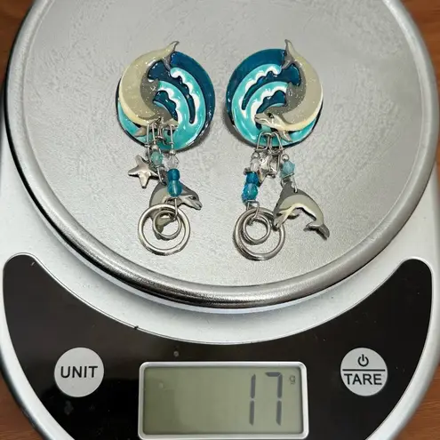 Rare LUNCH At The RITZ Blue Dolphin Dance Dangle Whimsical Earrings 17g.
